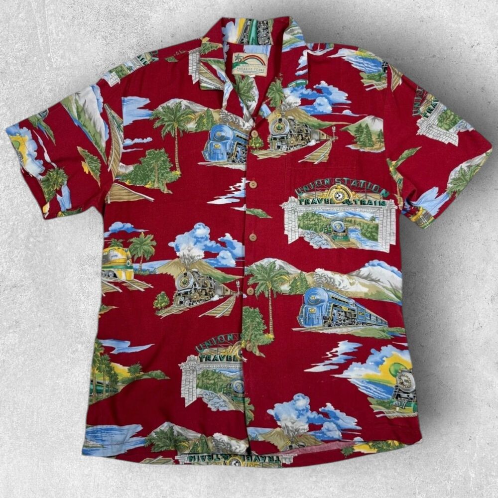 Vintage Paradise Found Mens Hawaiian Shirt M? USA Train Union Station Travel